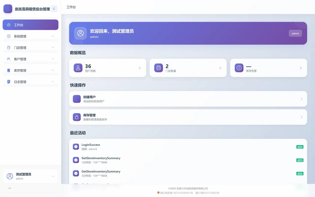 管理端工作台：顶部欢迎条，下面是数据概览三张卡、快速操作两个入口和最近活动列表