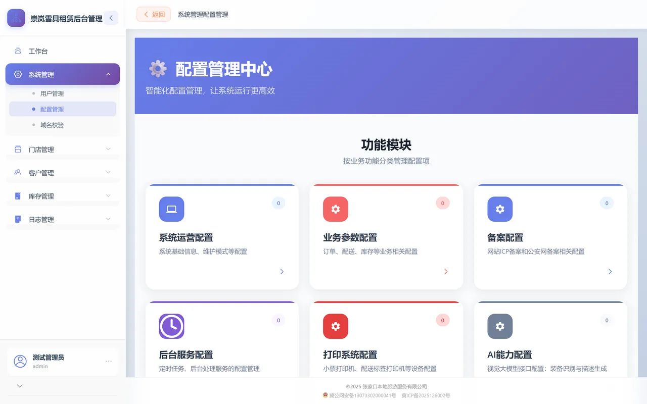 配置管理中心页：功能模块区排列着系统运营配置、业务参数配置、备案配置等分组卡片