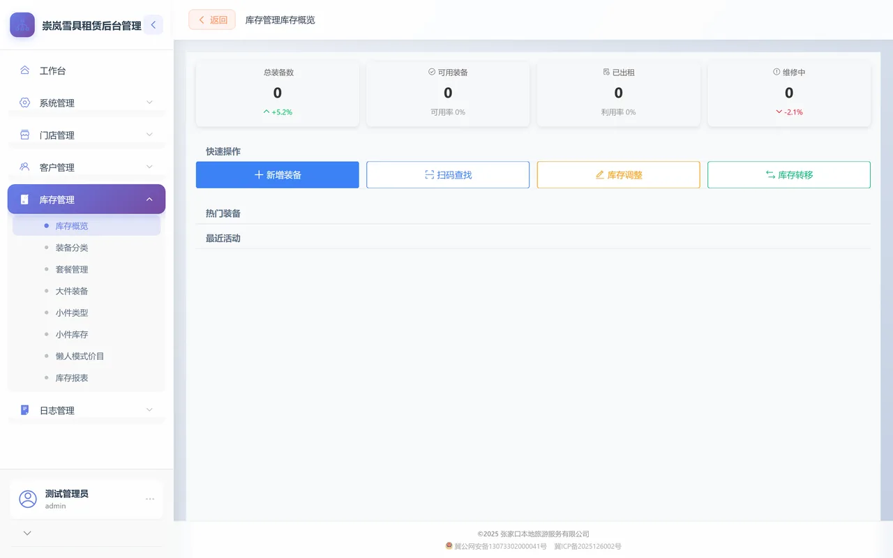 库存概览页，四张统计卡数值全为 0，下方热门装备与最近活动区为空