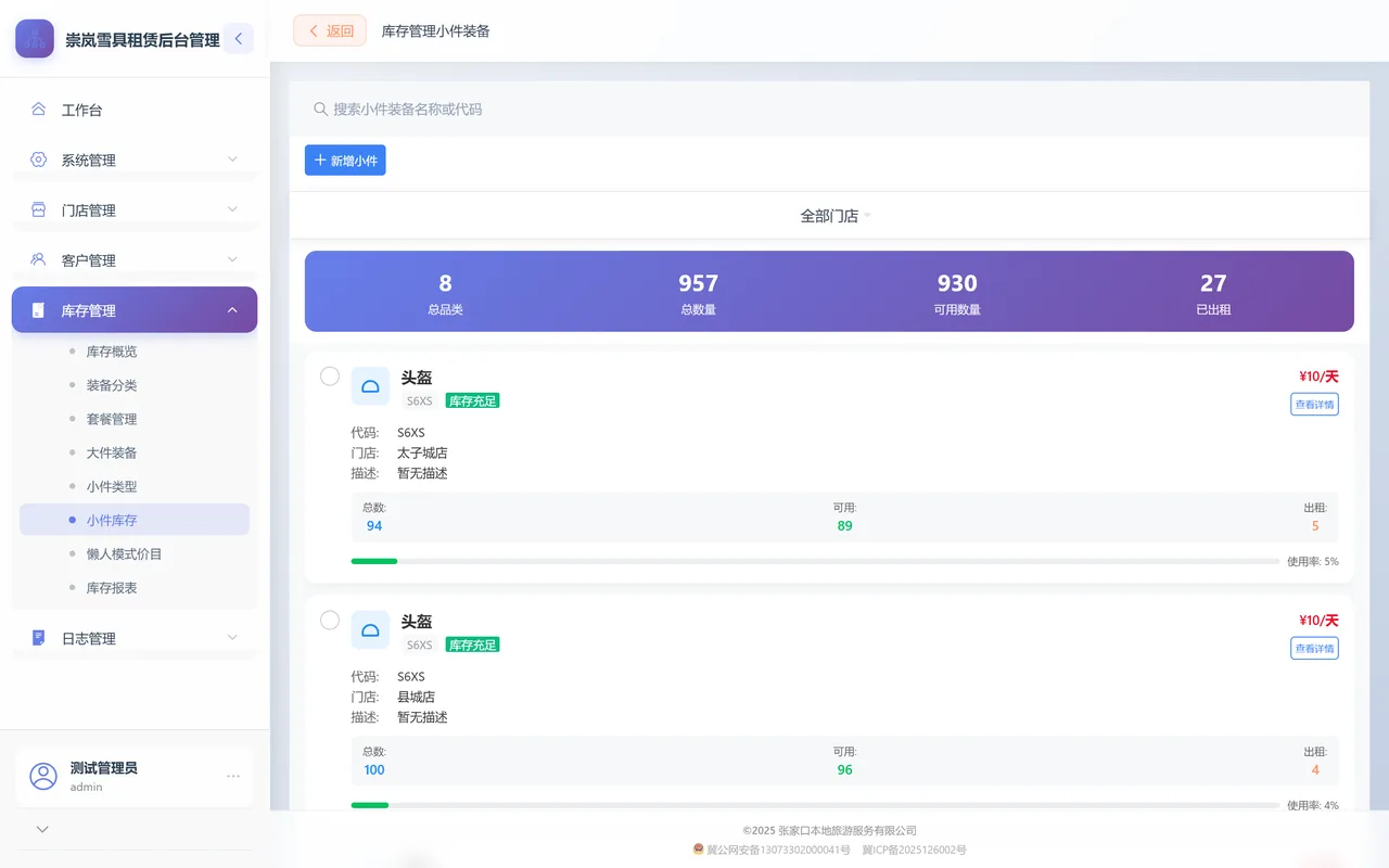 小件库存列表：顶部汇总条，下面每行显示小件名称、代码、门店、总数、可用、出租和使用率进度条