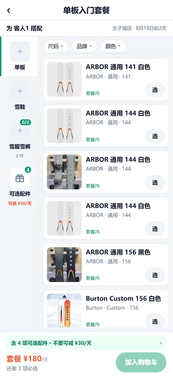 客人的套餐搭配页：左栏是一格一格的槽位（可选配件那格标着不要能减多少），右栏挑装备，底部是套餐日价和「加入购物车」。