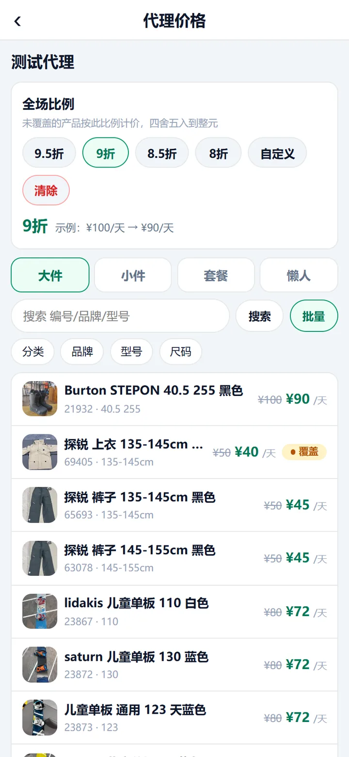 某个代理的价格编辑页：上面是全场比例的四个折扣按钮和一行示例预览，下面四个页签里每行左边划掉原价、右边是代理价，单独调过的带「覆盖」角标。