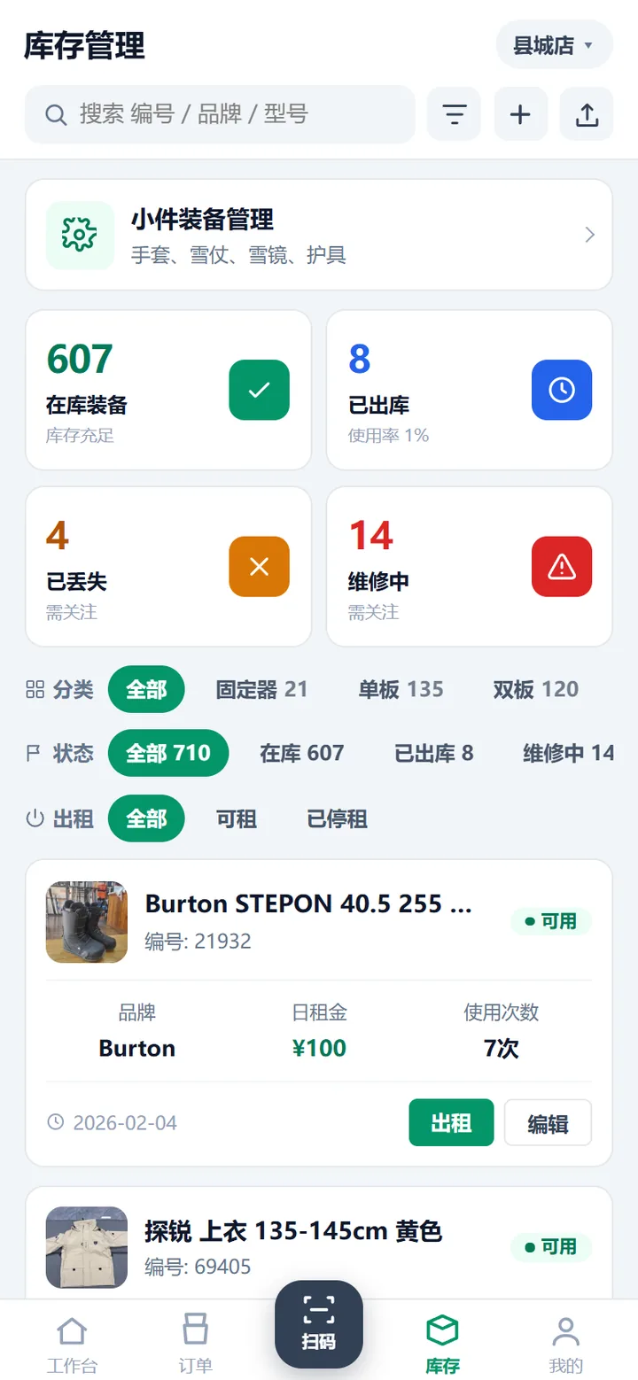 店员端库存页：顶部门店选择器与搜索框，四张统计卡，下面是分类、状态、出租三行筛选和装备卡片