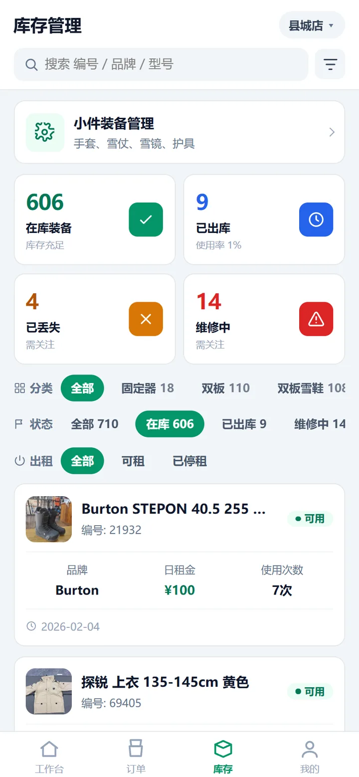 代理账号看到的库存管理页：搜索框、四张状态统计卡、分类与状态筛选行、装备列表