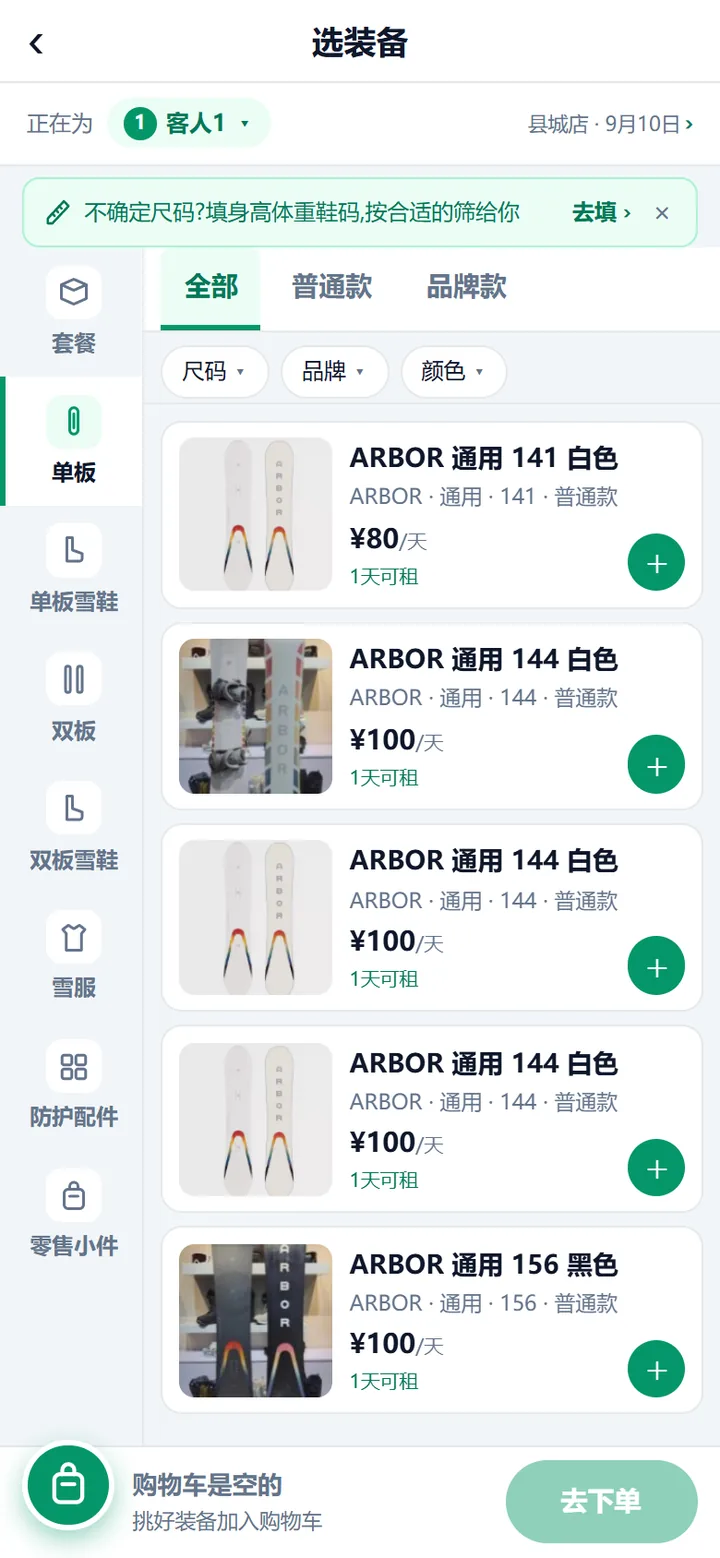 选装备页：顶部是当前客人与门店日期，左侧分类栏第一项是套餐，右侧装备列表每件带实物照片、品牌型号尺码、日租价和可租天数