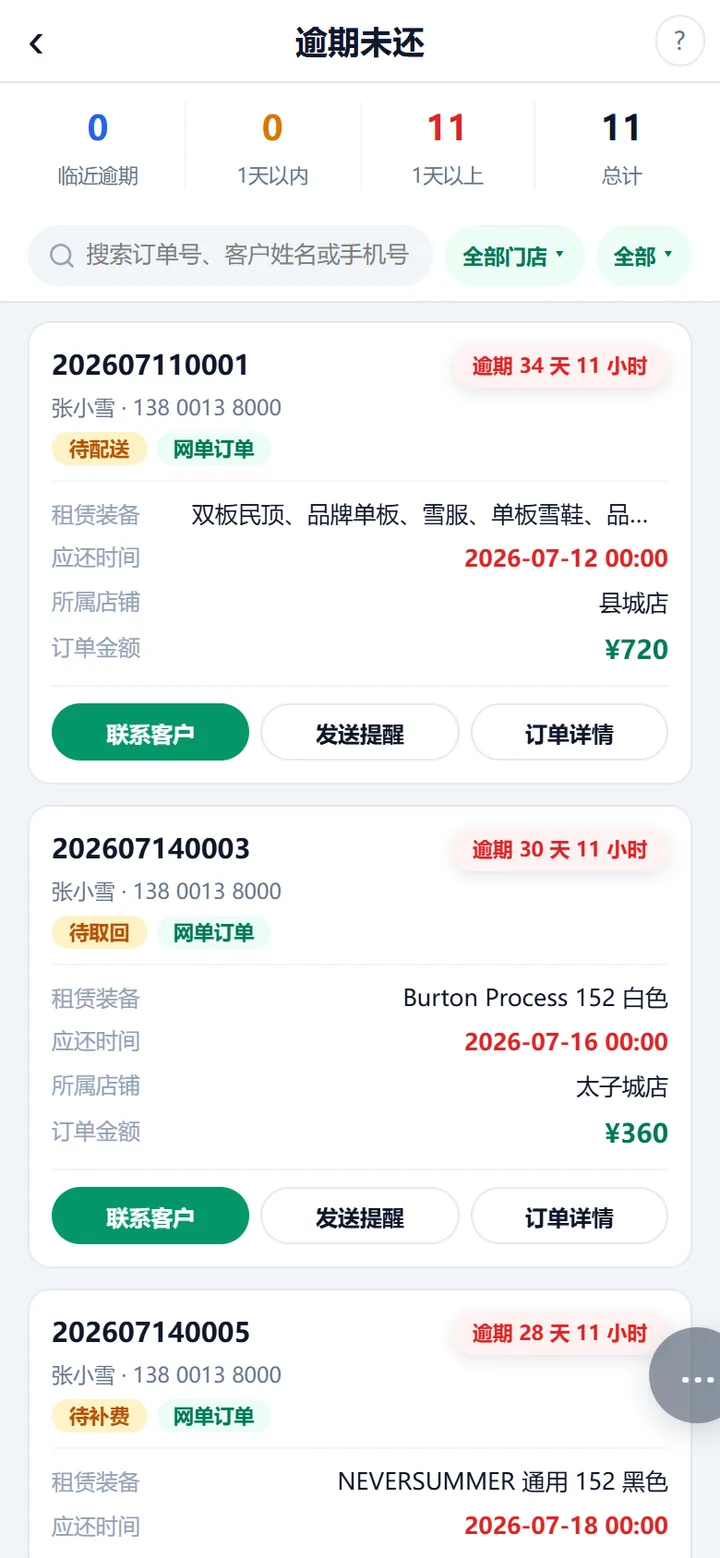 逾期未还页，按逾期时长排列的订单卡