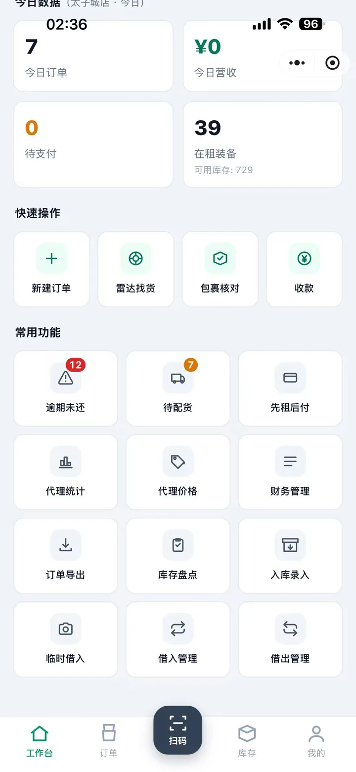 工作台常用功能最后一行：临时借入、借入管理、借出管理三个入口