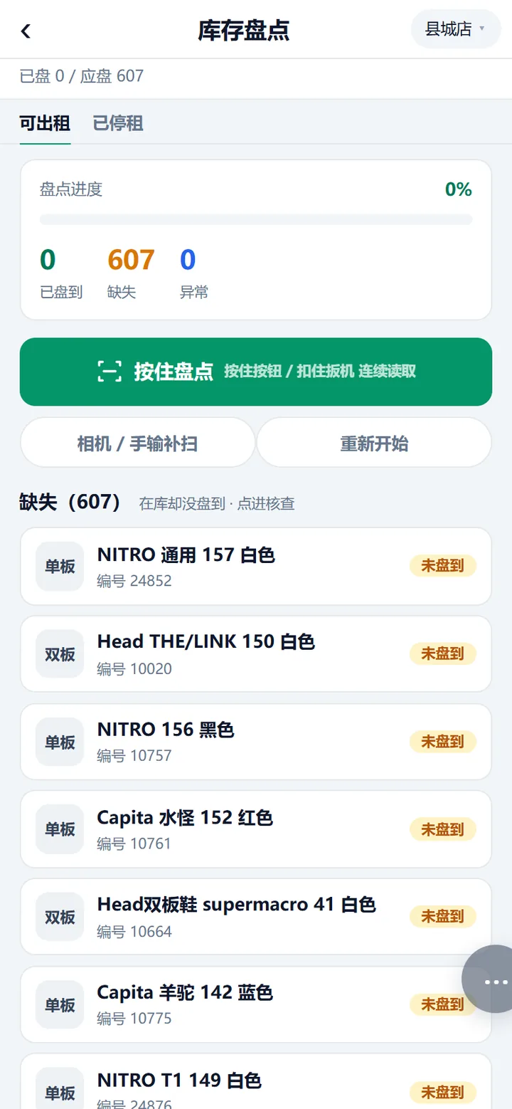 库存盘点页，进度 0%，缺失栏里每件都标未盘到
