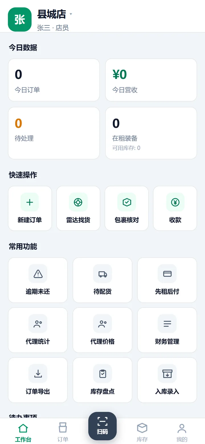 工作台首页的快速操作一排